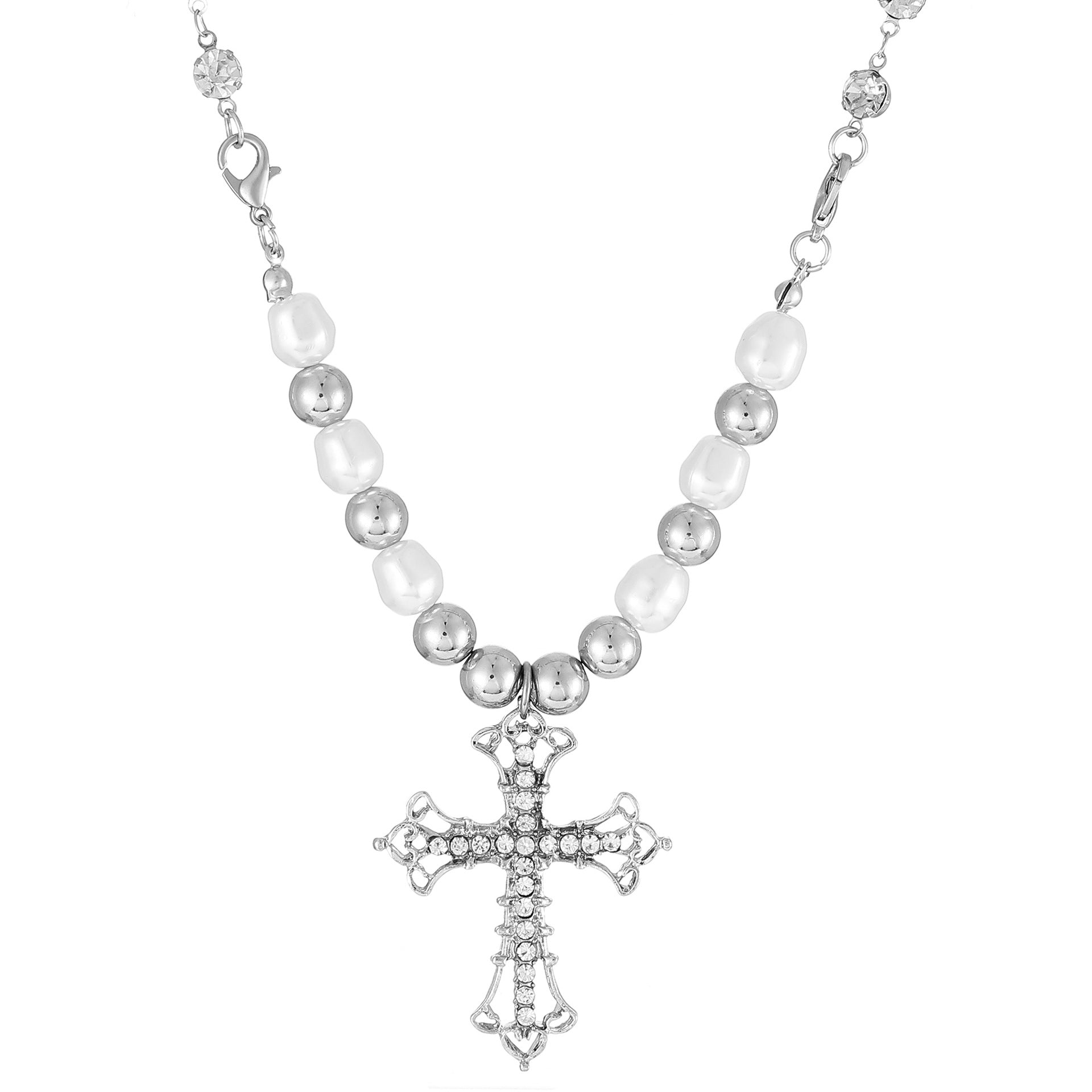 Wholesale Full Diamond Cross Pearl Necklace  Punk Jewelry Accessories
